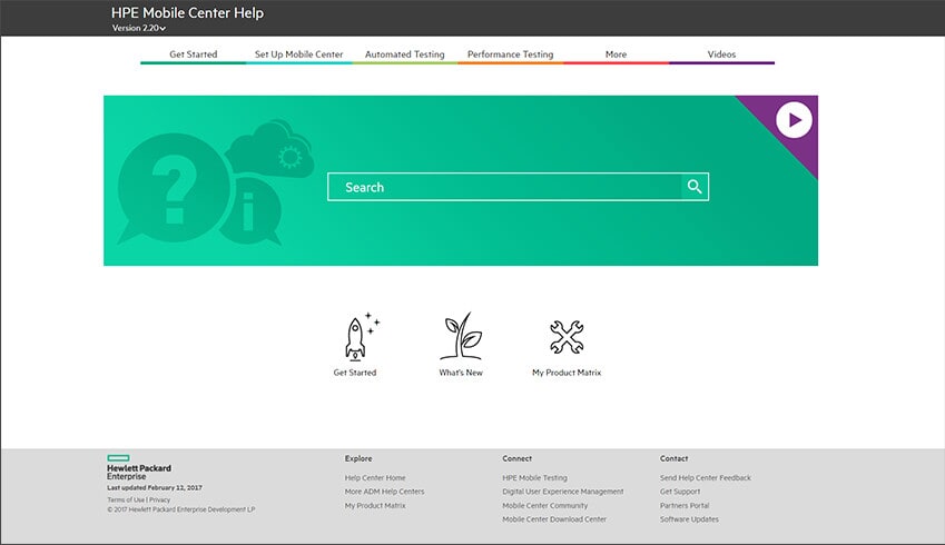 Screenshot of the HPE Mobile Center Help Home Page
