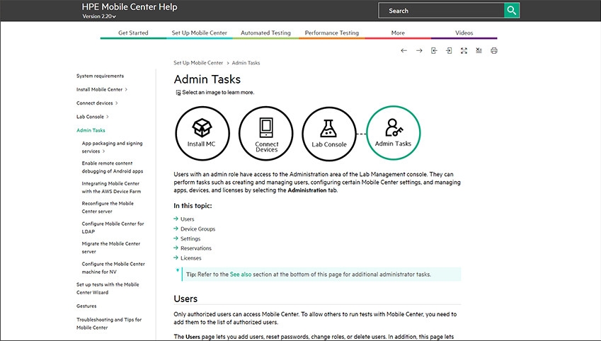 HPE Mobile Center Help Admin Tasks Topic