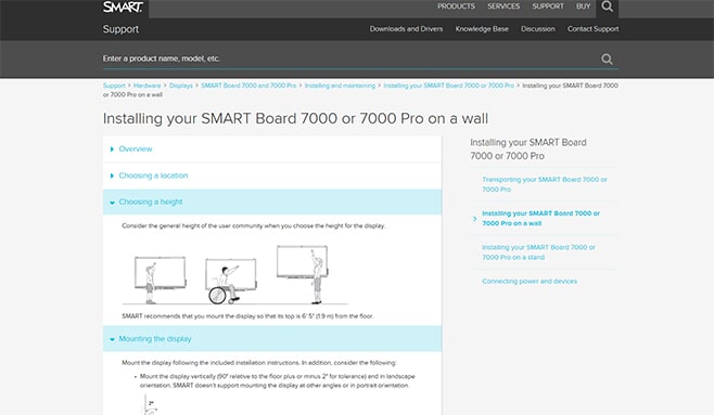 Screenshot of the Online Support for the Smart Board 7000
