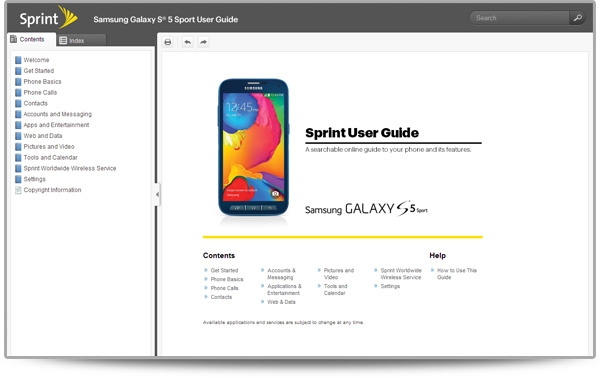 Screenshot of Samsung Galaxy S5 Sport eGuide Welcome Screen