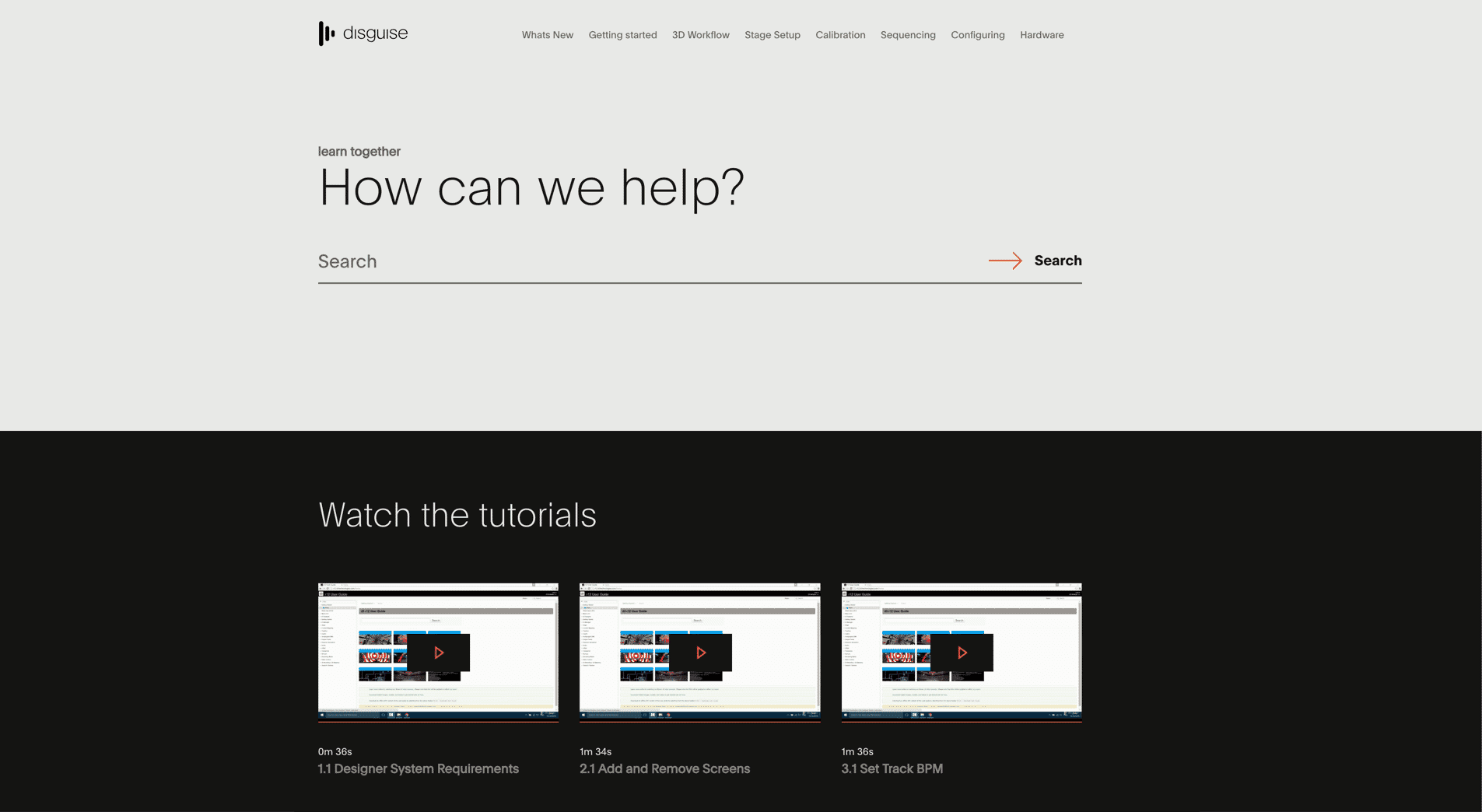 Screenshot of Home Page of disguise one’s HTML5-based Help Site