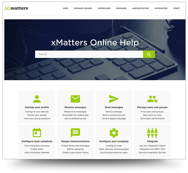 Screenshot of the xMatters Online Help home page