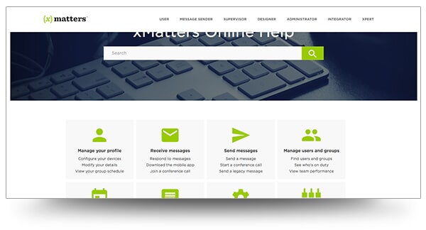 Screenshot of xMatters Online Help with top navbar in view