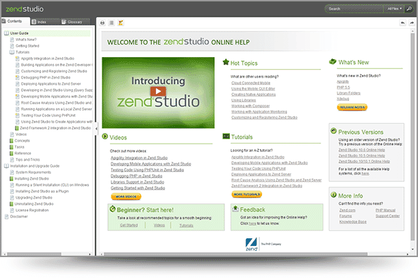 Screenshot of Zend Studio's Online Help Welcome Screen