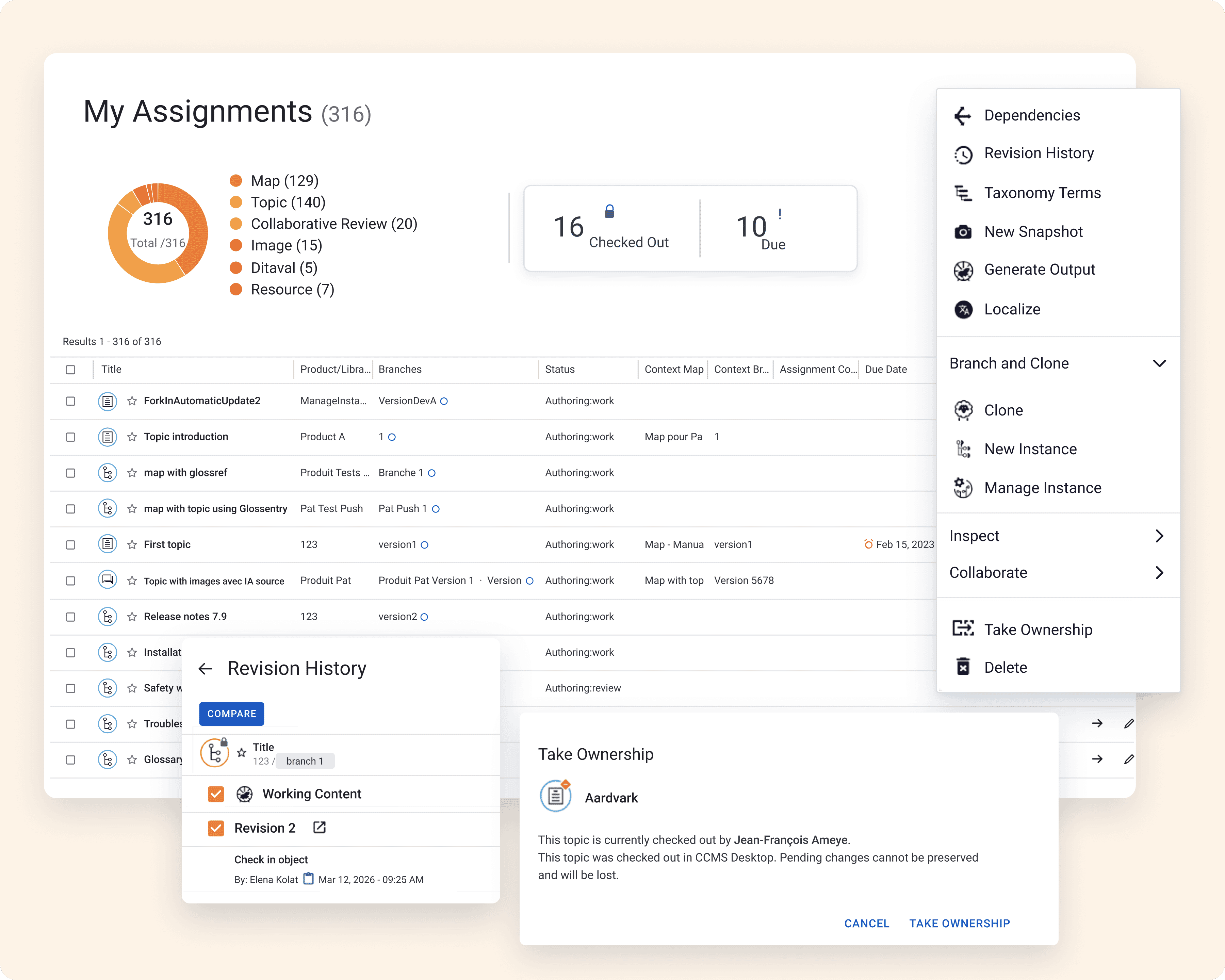 IXIA CCMS authoring interface with DITA topic editor and content reuse panel