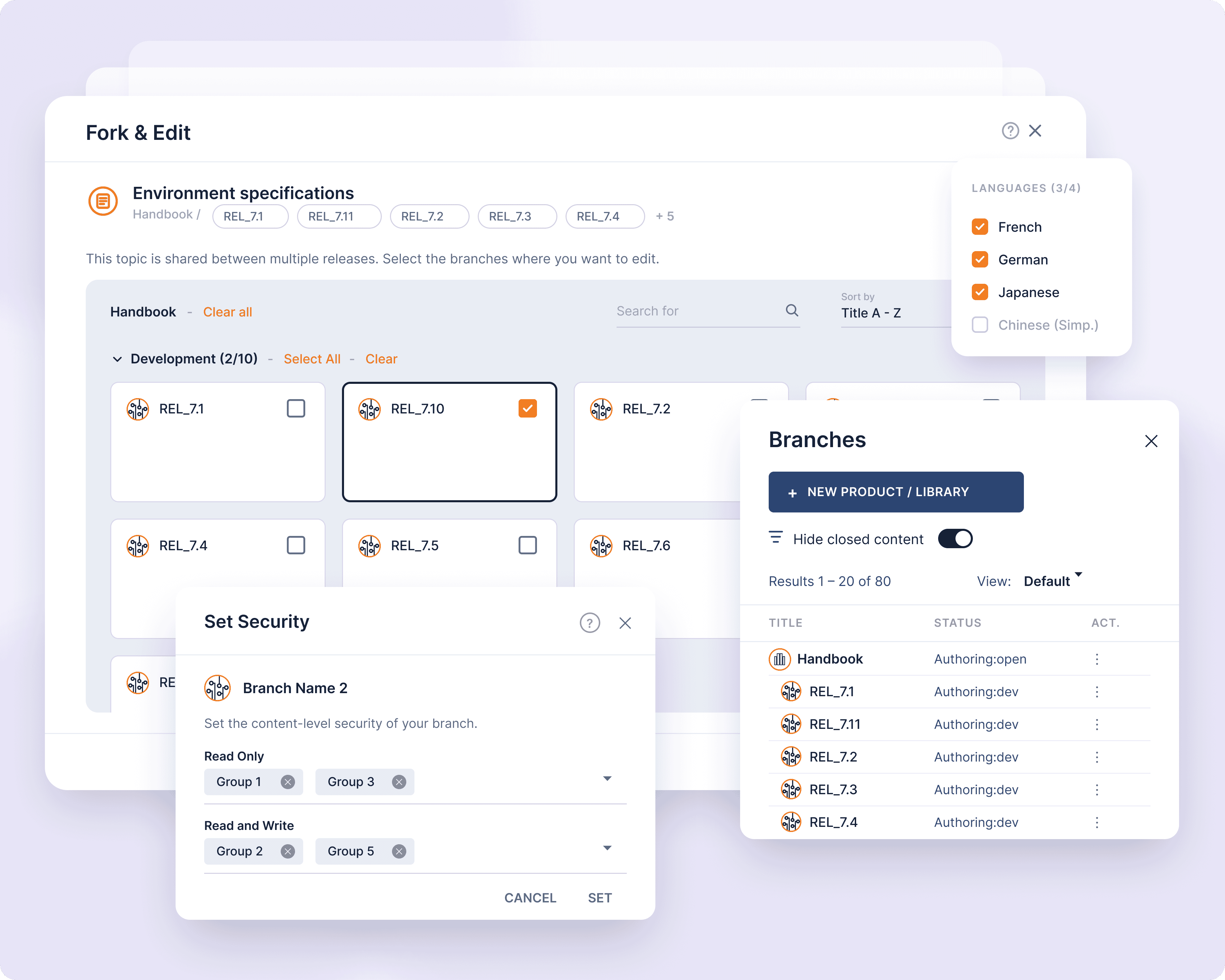 IXIA CCMS release management view with parallel branches and publication scheduling
