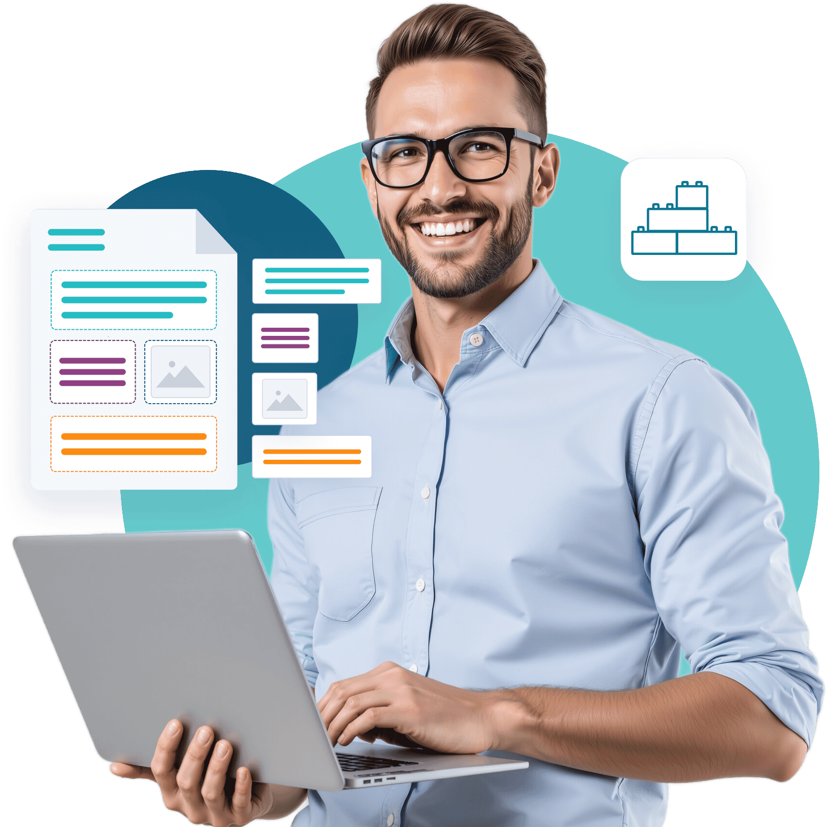 man with laptop surround by structured content diagrams