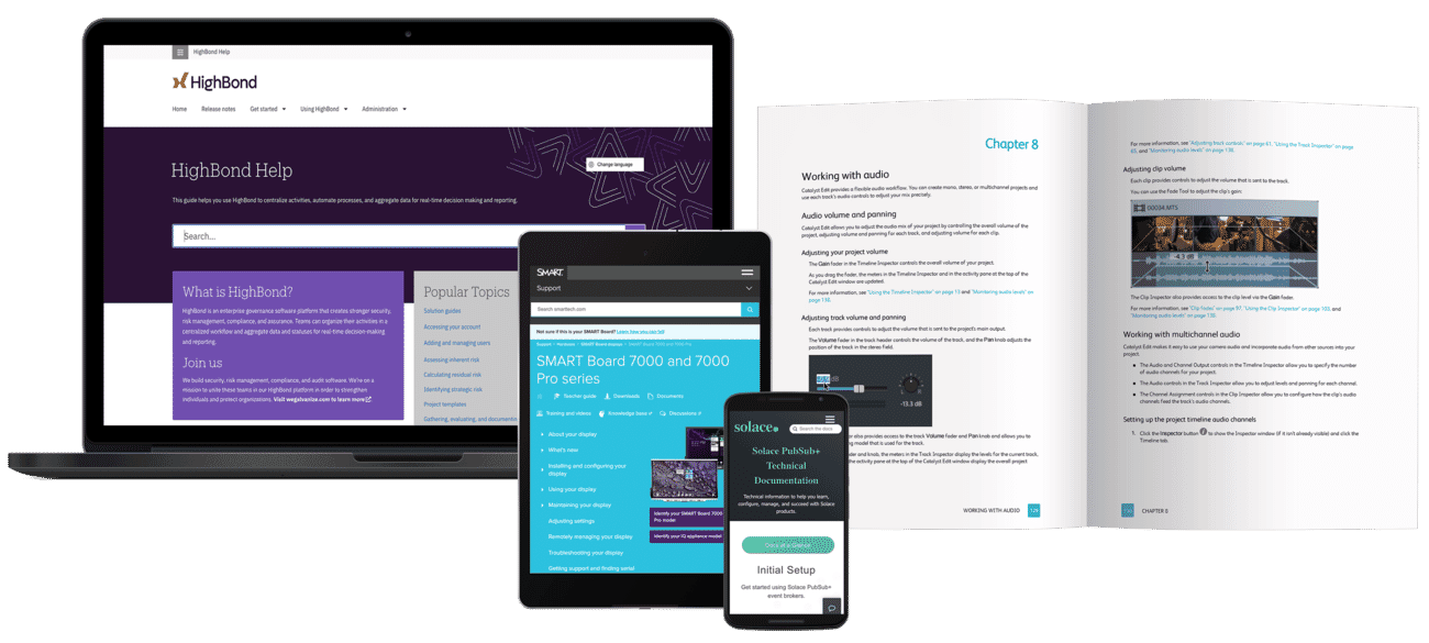 Technical documentation displayed on the screen of a laptop, tablet, mobile, and on print.