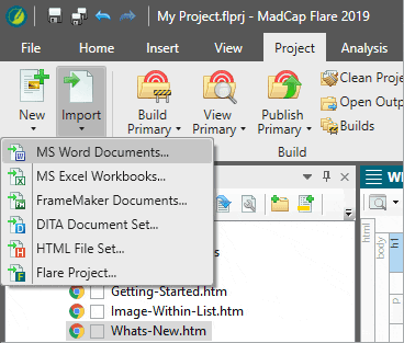 MadCap Flare's Import Project menu