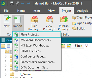 MadCap Flare's Import Project menu
