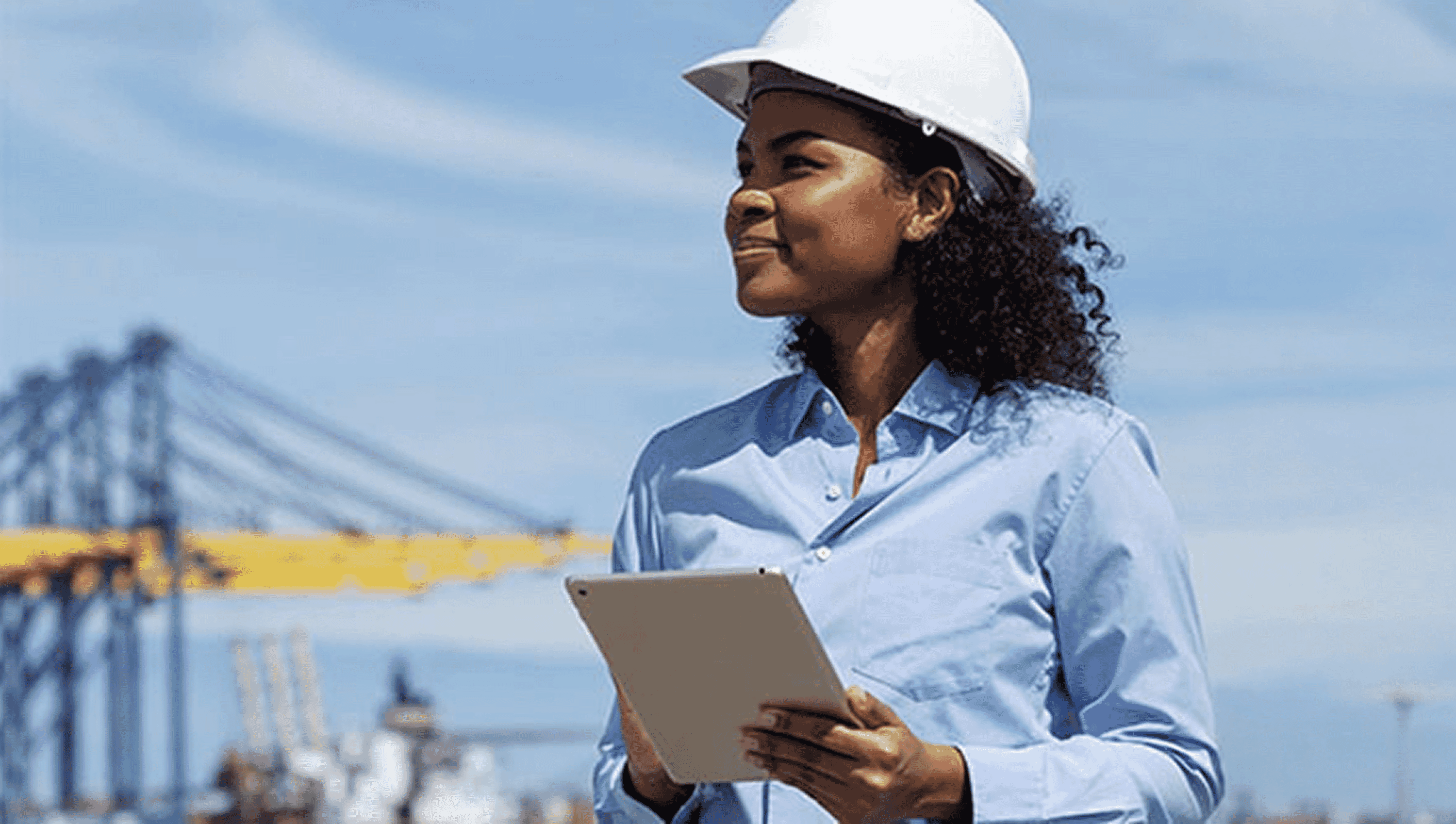 Supply chain professional using a tablet at a container port
