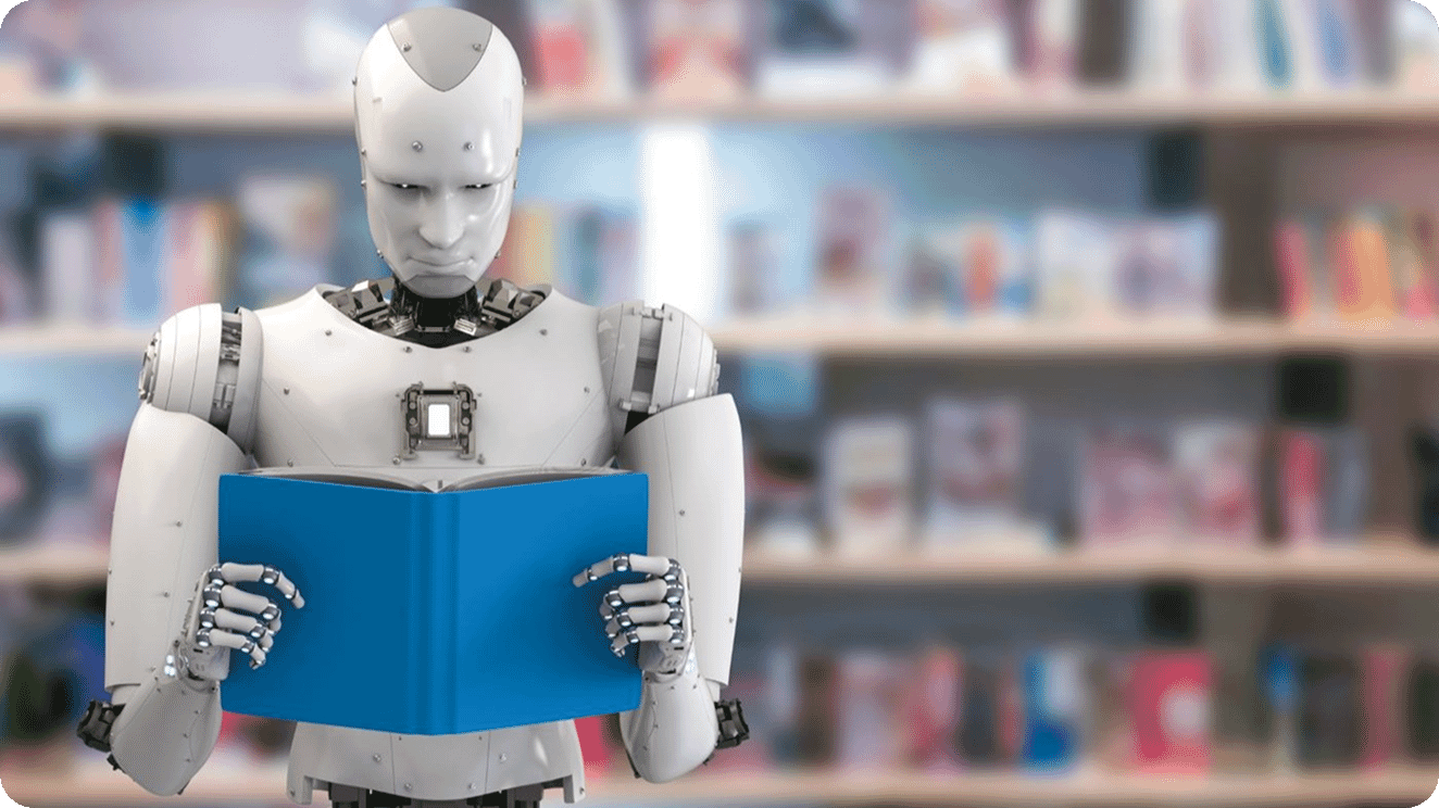 a robot reading a book in the library