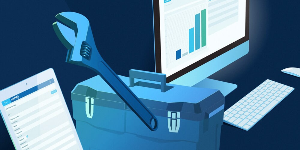 Illustration of tools and a computer for SimPro