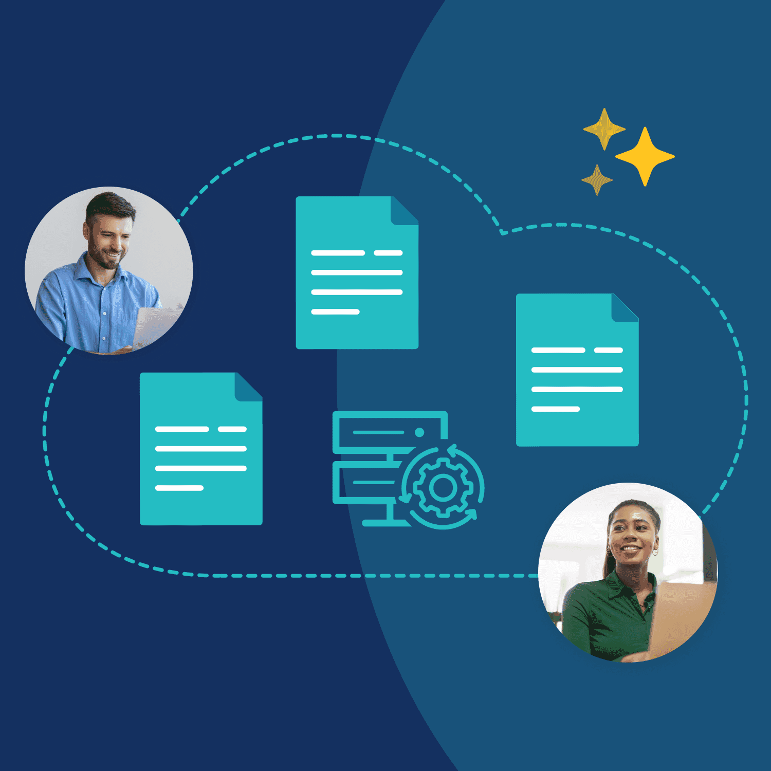 illustration of 3 documents in a cloud with users faces near them