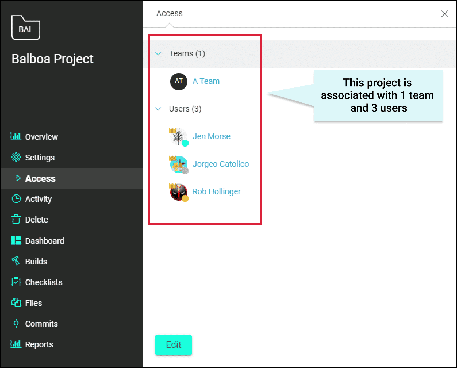 New Project, User, and Team Association Behavior Screenshot