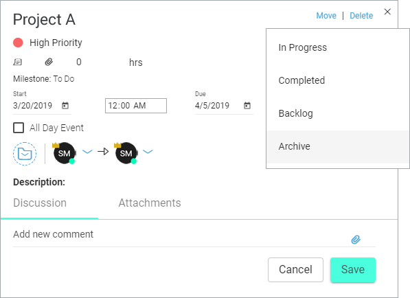 the context menu for the task move button