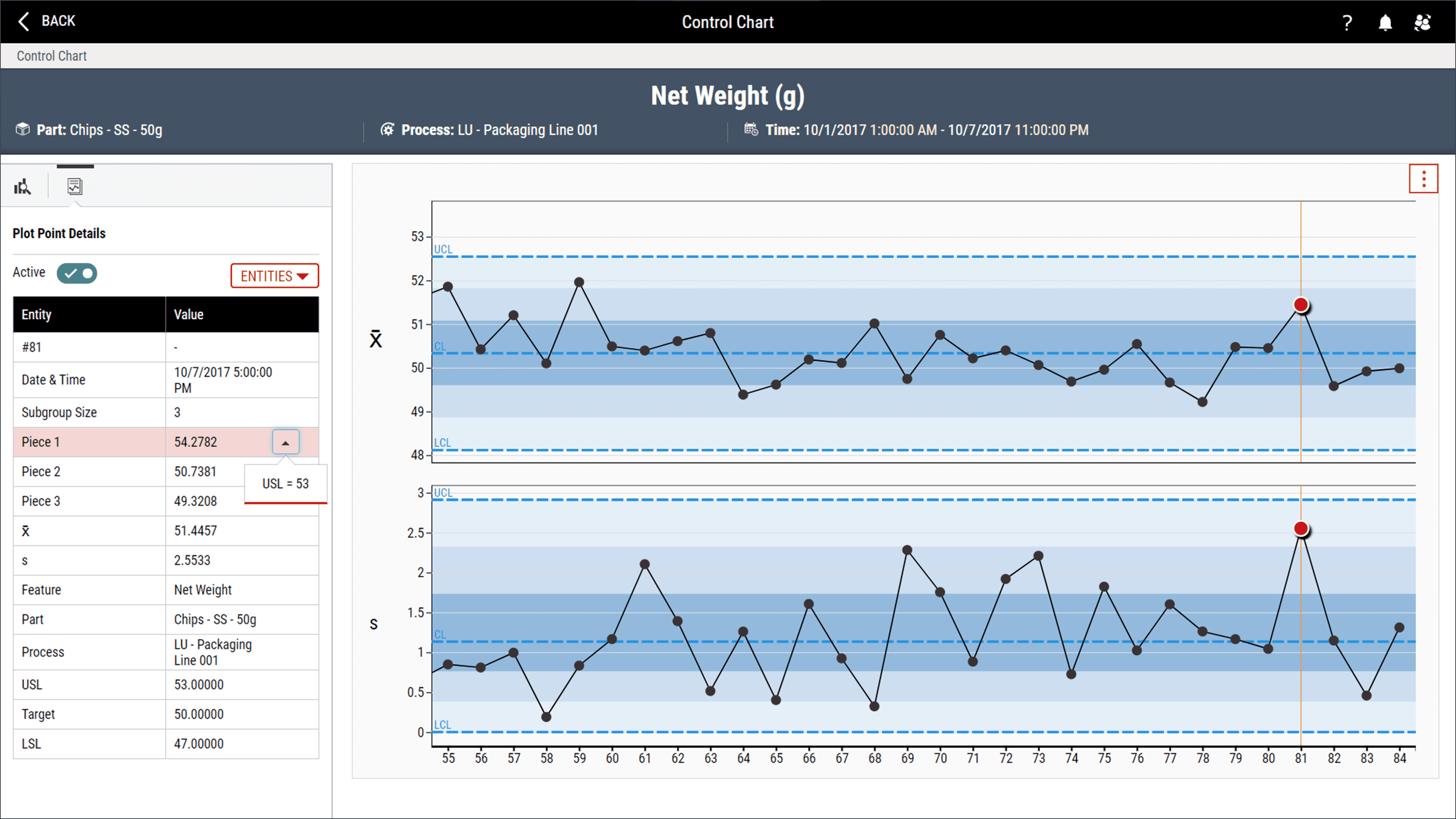 Screenshot of InfinityQS control chart