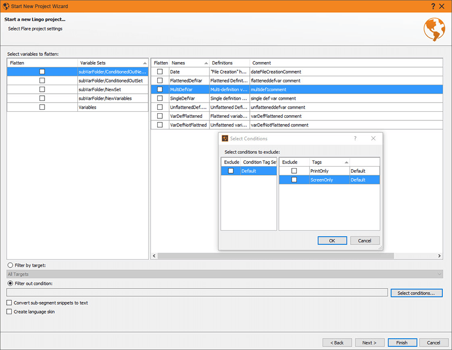 Lingo New Project wizard showing Select Conditions window
