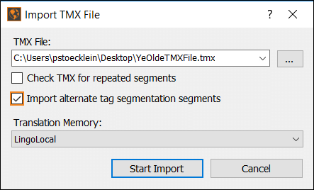 Lingo Import TMX File window