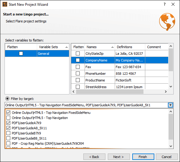 MadCap Lingo start new project wizard showing Filter by target