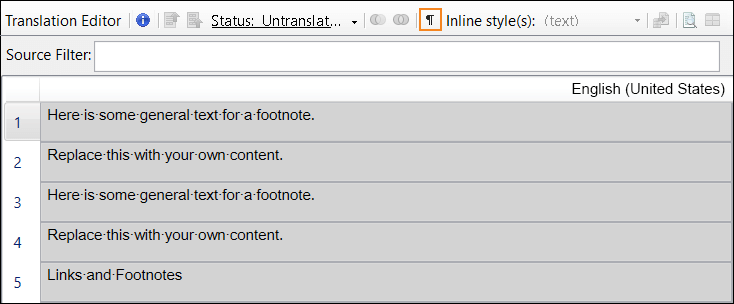 Translation editor showing non-breaking spaces
