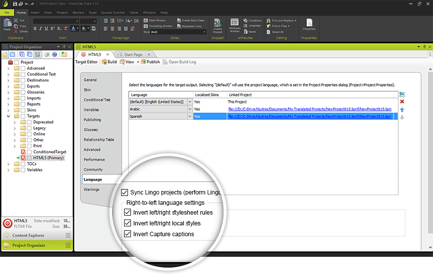 screenshot of the MadCap Flare Language tab
