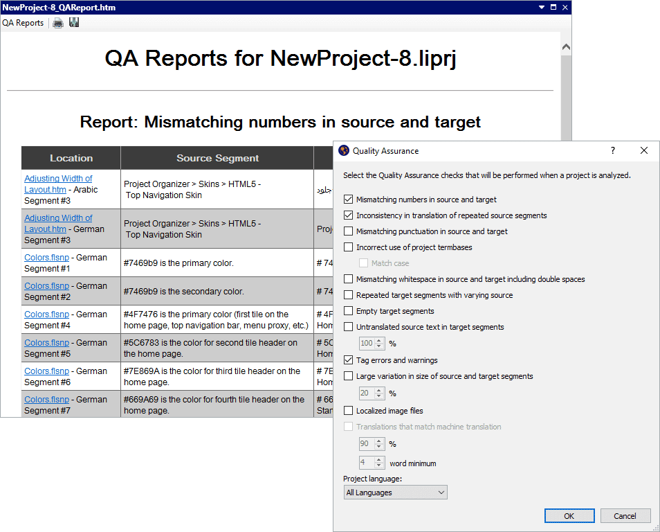 Screenshot of Quality Assurance Window