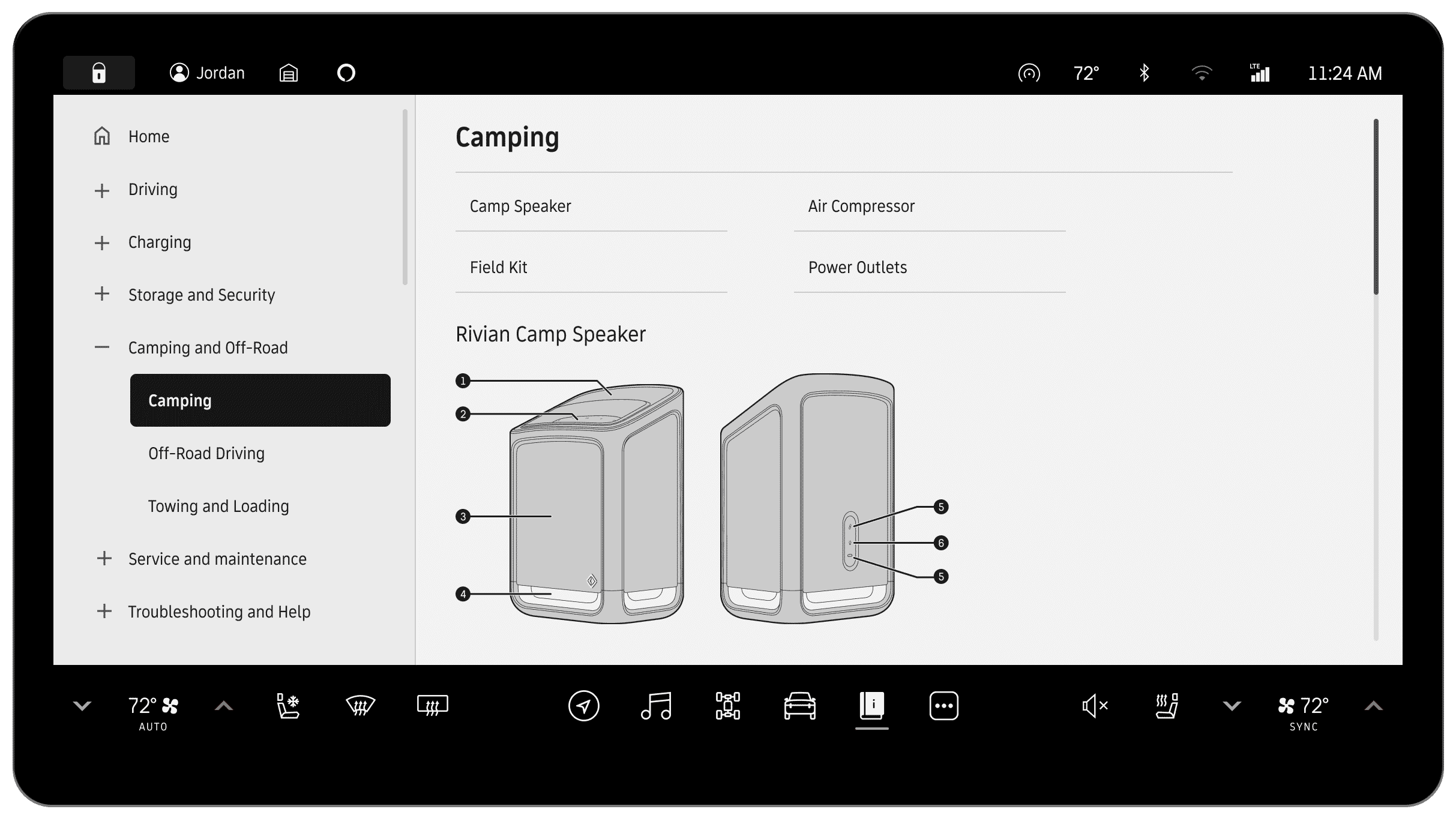 Camping help topic shown on Rivian console