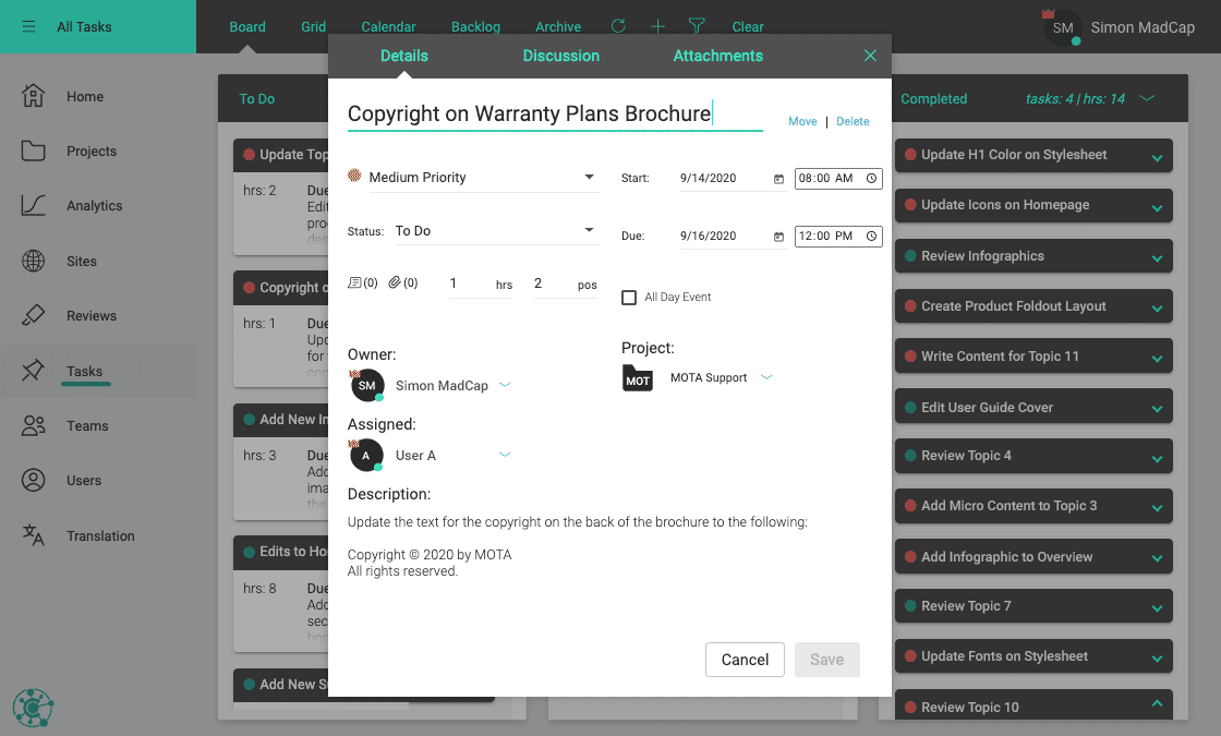MadCap Central Task Panel