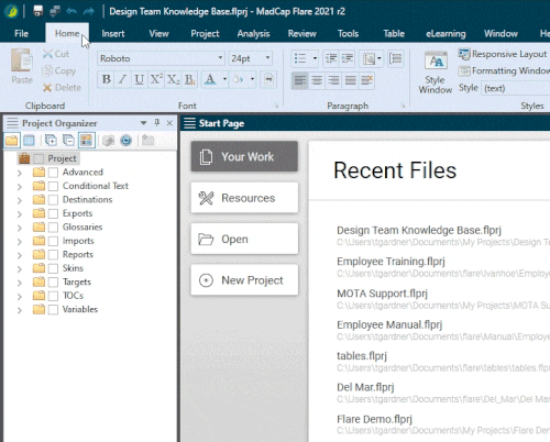Animated view of the MadCap Flare ribbon toolbar